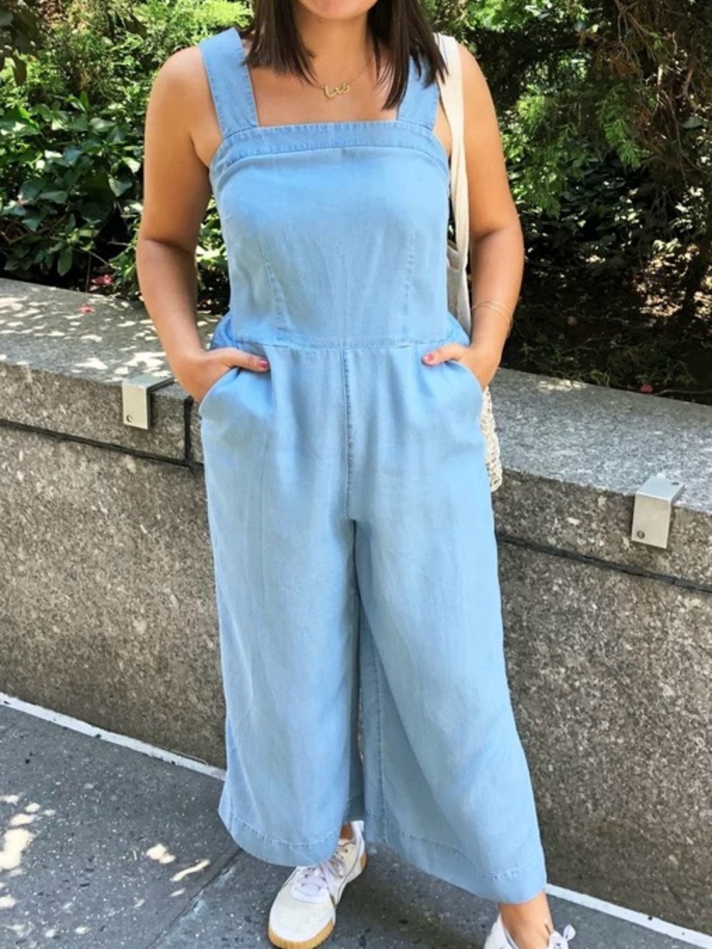 🩷 NWT POPSUGAR Pale Blue Wide-Leg Square Neck Jumpsuit Soft Flowy Lightweight